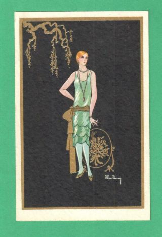 Vintage Signed Art Deco Postcard Fashionable Lady Cirarette Tree