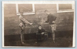 Postcard Ww1 Era Soldiers Pointing Gun Holding Axe At Head Rppc Real Photo K21