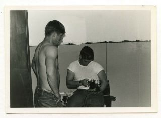 21 Vintage Photo Shirtless Soldier Muscle Boy Man W/ Camera Buddy Snapshot Gay