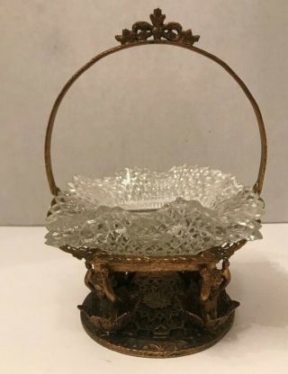 Vintage Hollywood Regency Small Ornate Brass Basket Cherubs Filigree Cut Glass