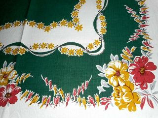 Vintage Printed Tablecloth Floral On Green/ White 45 1/2 " X 50 " Simtex Tag