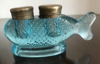 Antique Rare Blue Fish Double Glass Inkwell @ 1900