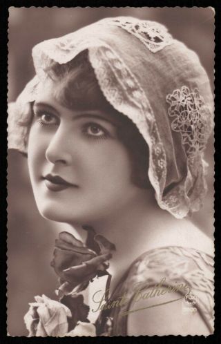 Deco Photo Postcard 1920s Lady Girl Hat Tiara Flower Veil Headdress