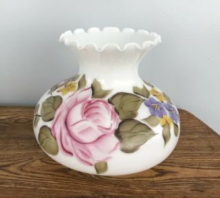 Large Hand Painted Pink Rose Floral Milk Glass Hurricane Lamp Shade 6.  75 " Fitter