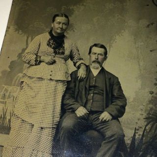 Antique Victorian Husband & Wife Tintype Photo W/ Painted Fountain Background