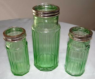Set Of 3 Green Ribbed Glass Jars Vases W/ Metal Flower Frogs 7 1/2 " & (2) 5 3/8 "