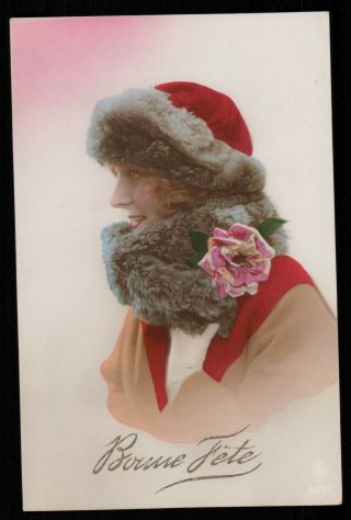 Deco Photo Postcard 1920s Lady Girl Fur Hat Flower White Glove