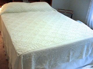 Vintage Off - White Cotton Chenille Bedspread 100 " By 90 " Queen Size