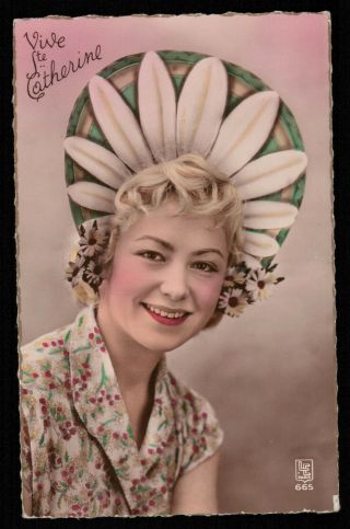 Deco Photo Postcard 1920s Lady Girl Big Hat Flower Smile Blond