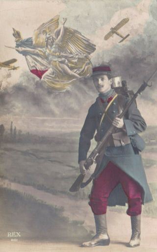 World War 1 France Postcard 1914 - 1919 Wwi French Solider & Airplane