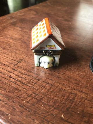 Limoges France Signed Peint Main Porcelain Dog House Box Pristine