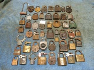 50 Different Old Padlock Lock Some Have A Key,  Some Do Not.  Some Are Brass.  N/r