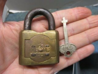 Rare Old Brass Padlock Lock Meteor With A Key.  N/r