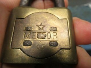 Rare old brass padlock lock METEOR with a key.  n/r 2