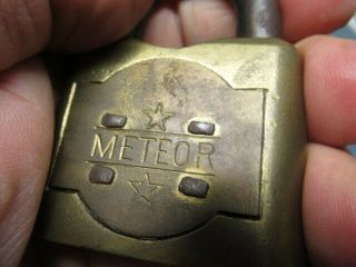 Rare old brass padlock lock METEOR with a key.  n/r 3