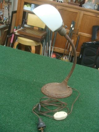 Vintage Art Deco Gooseneck Style Desk Lamp With Milk Glass Shade