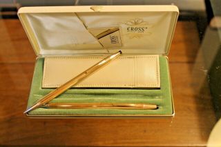14 Kt Gf Rose Gold Cross Set Roller Ball Pen Pencil & Leather Case Box