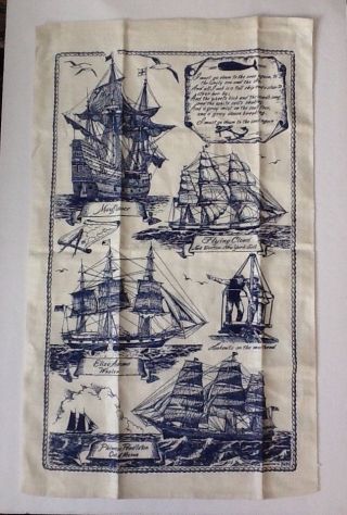 Vintage Kay Dee Design Linen Towel/wall Hanging Sailing Ships Of The East Coast