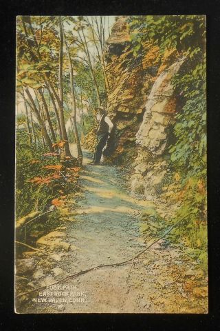 1910s Foot Path East Rock Park Old Gent Taking A Breather Haven Ct Postcard