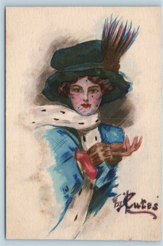 Postcard A/s Cutes? Hand Drawn Colored Art Lady Putting On Gloves T8
