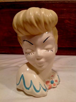 Vintage Ceramic Lady Head Planter Signed And Made In The Usa 7 1/2 " Tall