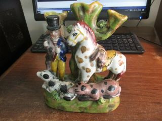 Vintage Staffordshire Pottery Figurine - 7 1/2 " High - Man,  Horse & Dogs