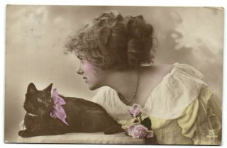 Edwardian Lady With Er Black Cat Photo Postcard 1924