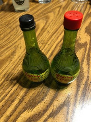 Set Of 2 Vintage Pepper Shakers Green Regina Wine Vinegar Bottle