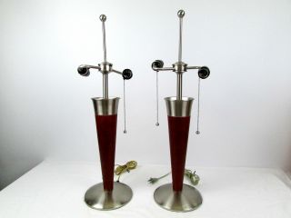 Set Of Two Vintage Retro Style Steel & Wood Cone Table Lamps - Please Read -