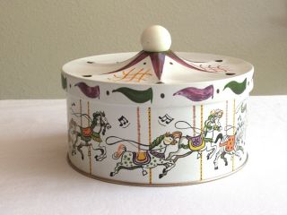 Vintage Guildcraft Merry Go Round Carousel Cookie Biscuit Tin Horses Usa 7.  4 "