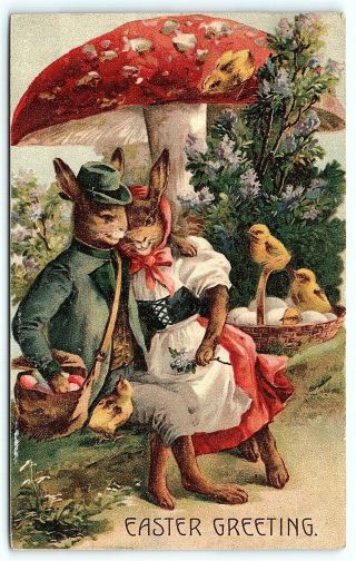 Vtg Postcard Antique 1909 Easter Greeting Dressed Rabbit Anthropomorphic A5