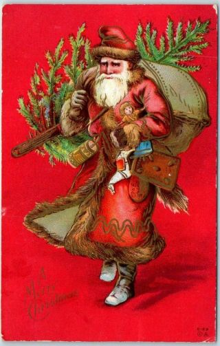1913 Santa Claus Postcard Red Suit Fur Trim W/ Bag Of Toys & Christmas Tree
