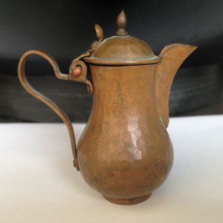 Vintage Miniature Hammered Copper Tea Kettle Pitcher W Attached Lid Aged Patina