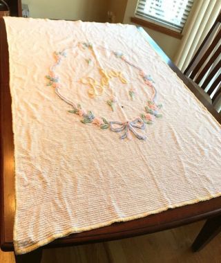 Vintage Chenille Baby Blanket Crib Coverlet Bedspread 40” X 64”