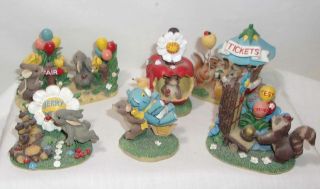 6 Fitz & Floyd Teeny Tiny Tails County Fair Figurines - Mice,  Rabbits,  Racoon,