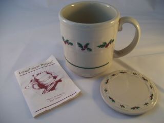 Longaberger Pottery Woven Traditions Holly Lg Coffee Mug & Lid / Coaster Set Usa