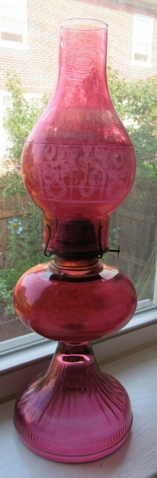 Vintage Cranberry Ruby Stained Glass Kerosene Oil Lamp W/wreath & Torch Chimney