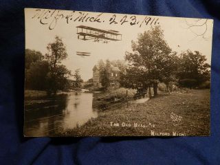 2 - 23 - 1911 Rrpc J H Cave Detroit The Old Mill Milford Michigan 2 Bi Planes In Sky