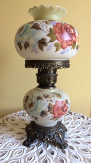 Vintage Gone With The Wind Hurricane Style Glass Lamp Hand Painted Floral