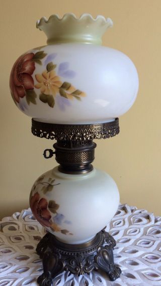 VINTAGE GONE WITH THE WIND HURRICANE STYLE GLASS LAMP HAND PAINTED FLORAL 2