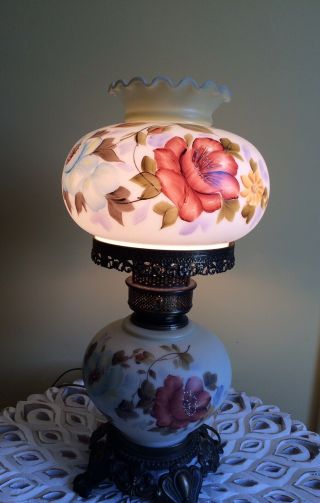 VINTAGE GONE WITH THE WIND HURRICANE STYLE GLASS LAMP HAND PAINTED FLORAL 5