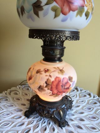 VINTAGE GONE WITH THE WIND HURRICANE STYLE GLASS LAMP HAND PAINTED FLORAL 6