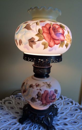 VINTAGE GONE WITH THE WIND HURRICANE STYLE GLASS LAMP HAND PAINTED FLORAL 7