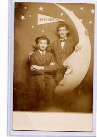 Real Photo Postcard Rppc - Two Men On Paper Moon Casper 