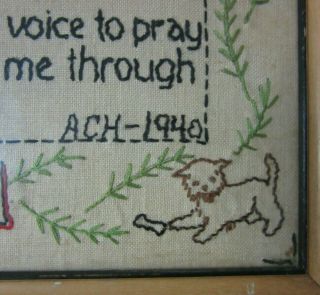 VTG Handmade Cross Stitch Sampler Wood Frame Religious 1940 Cat Dog Girl Signed 2