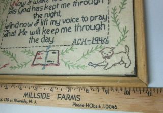 VTG Handmade Cross Stitch Sampler Wood Frame Religious 1940 Cat Dog Girl Signed 6