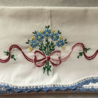 Blue Flowers Hand Embroidered Blue Crochet Single Pillow Case Completed Pc65