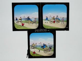 3 Glass Lantern Slides - Tale Of Two Pig Tales - Rickshaws China - Hand Coloured