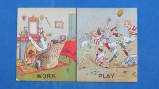 Vintage Comic Postcard 1900s Rugby Union Rufc Ball Theme Work Play