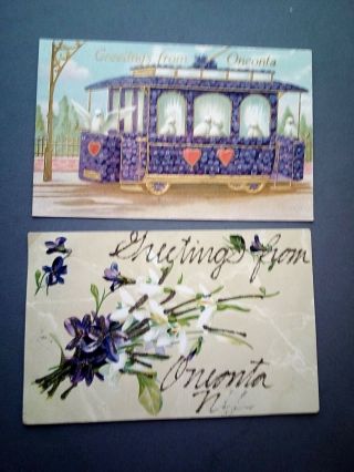 Two Antique Postcards " Greetings From Oneonta,  Ny " - One Embossed,  One Wi Glitter